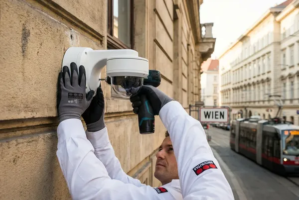 Videoüberwachung installieren Wien - Techniker bei der Kamera-Installation