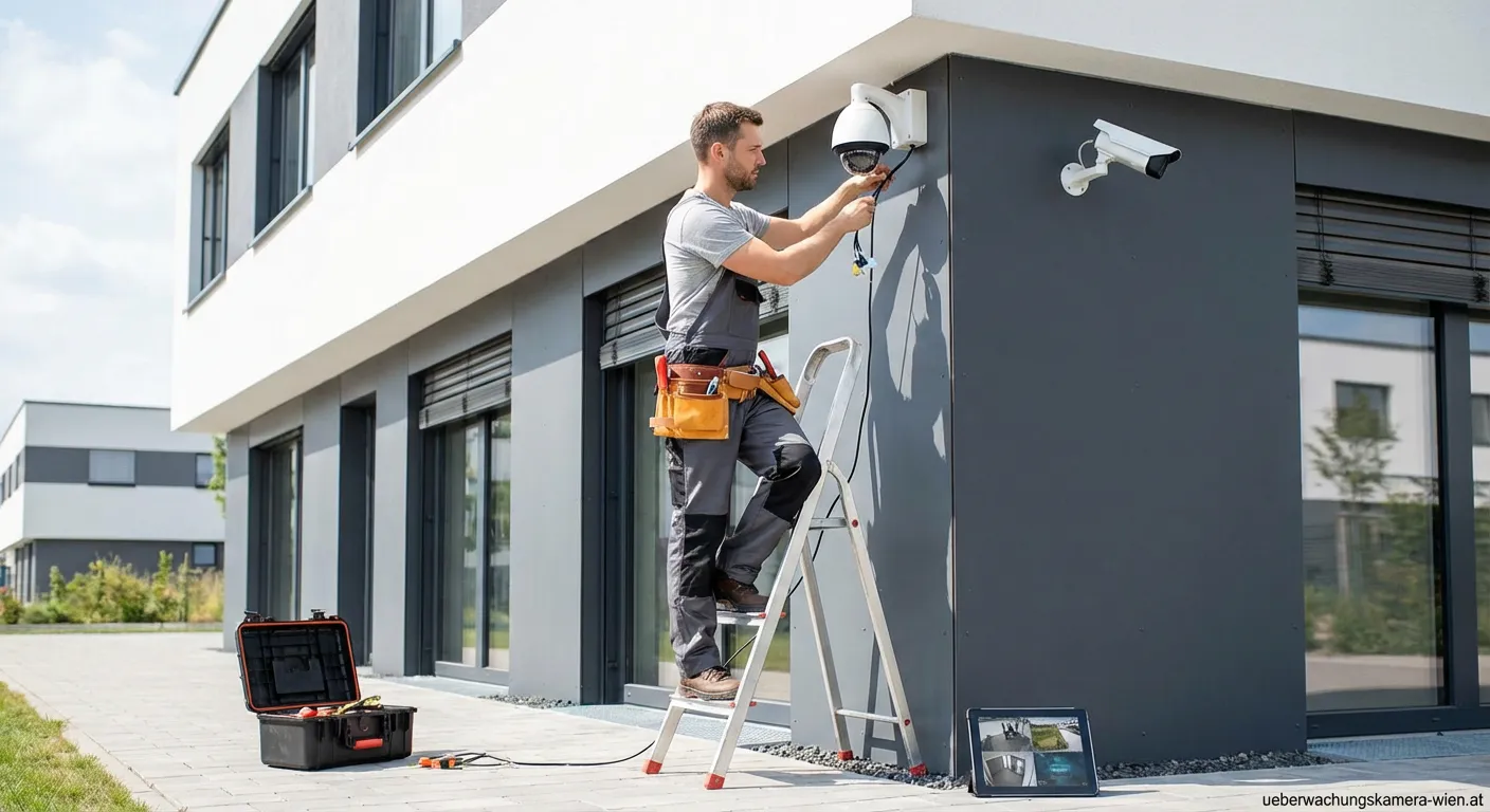 Techniker installiert weiße IP-Überwachungskamera an einer Außenwand